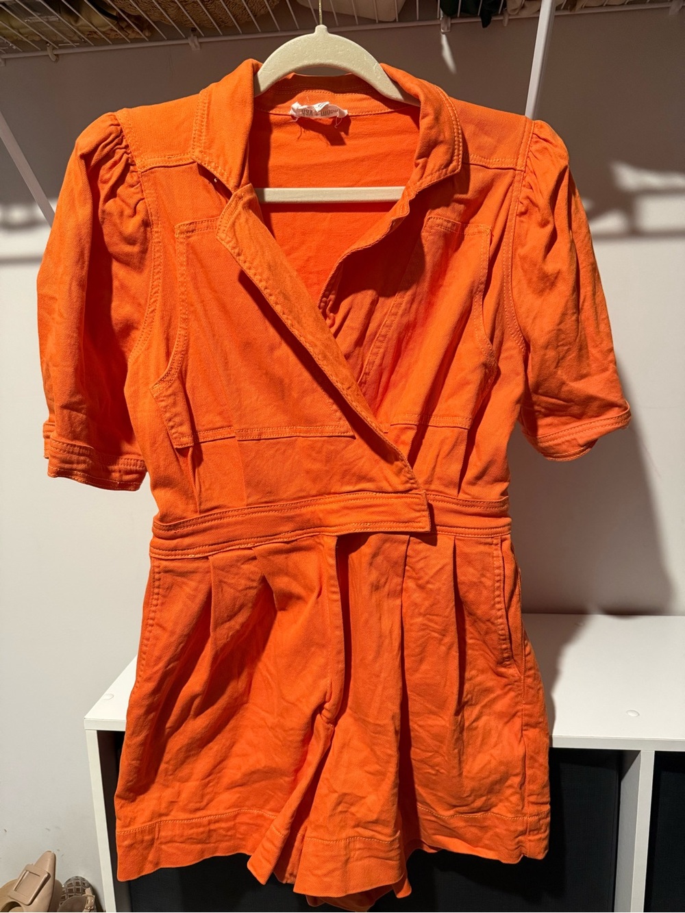 Women's Orange Short-Sleeve Romper with Pleated Waist
